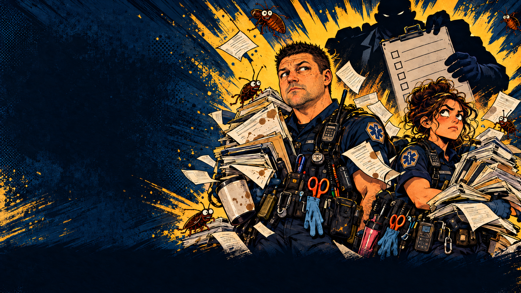 Last Nerve artwork featuring an ambulance crew facing a paperwork monster