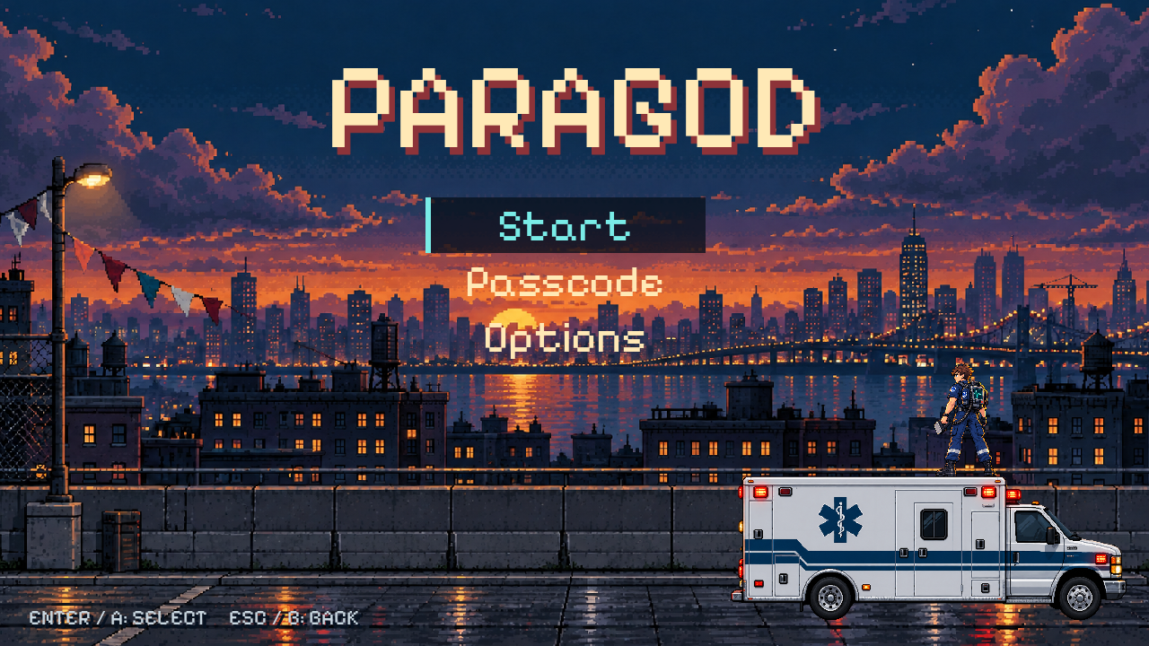 Paragod in-game title screen with a pixel-art medic and ambulance