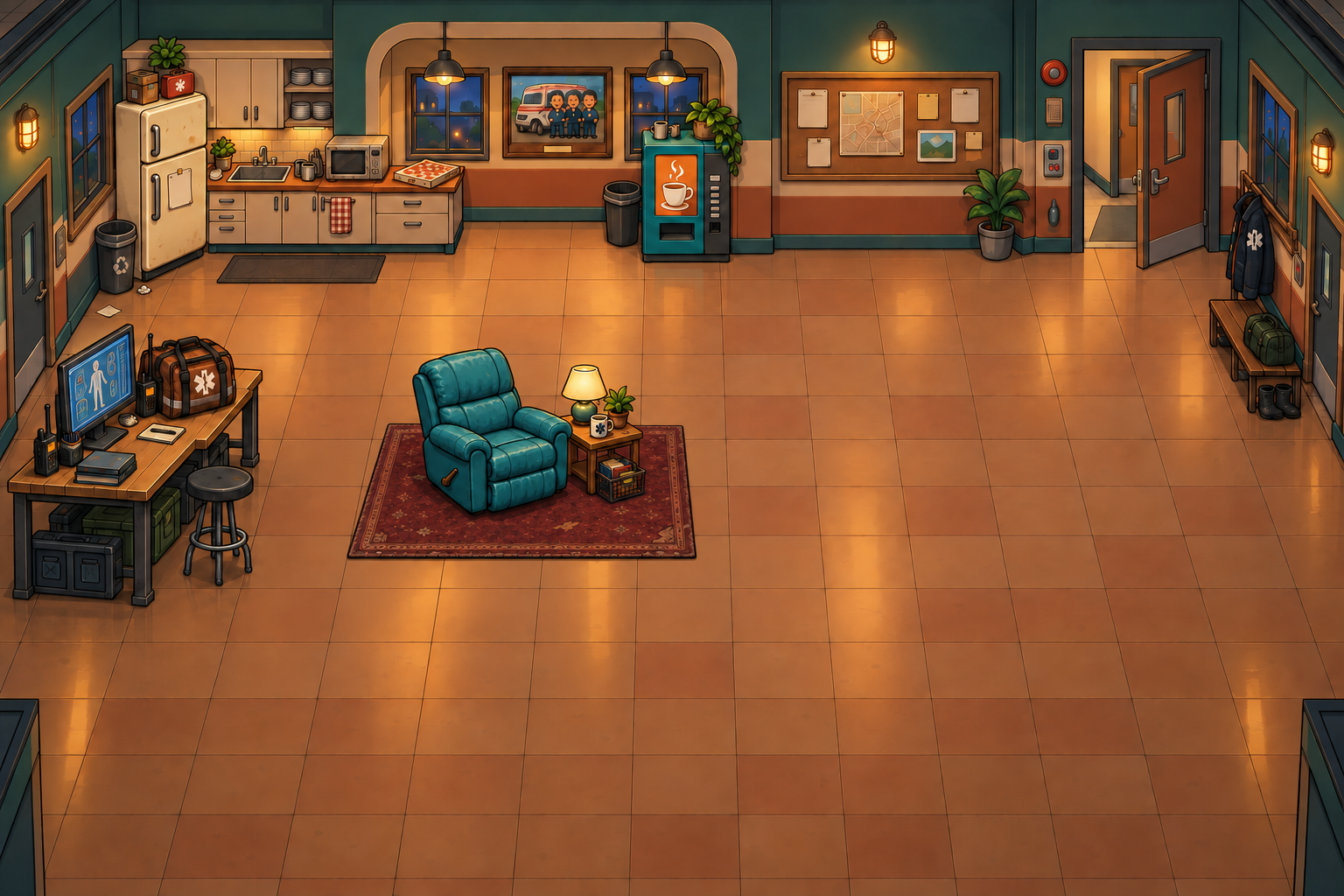 Sirens and Shenanigans illustrated ambulance station crew room